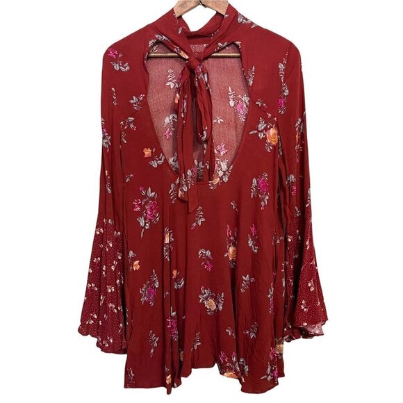 Free People Women's NWT Brick Red Floral Bell Sleeve Tate Printed Tunic XS - Picture 12 of 12